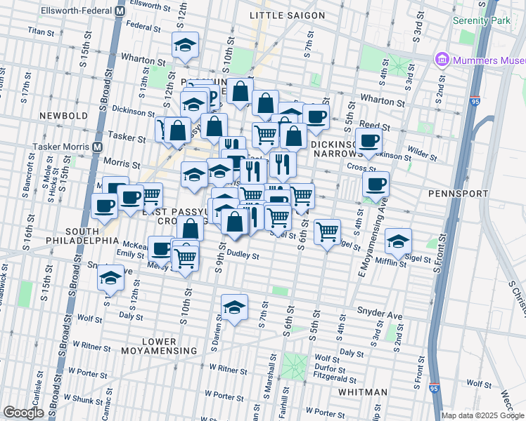 map of restaurants, bars, coffee shops, grocery stores, and more near 735 Moore Street in Philadelphia