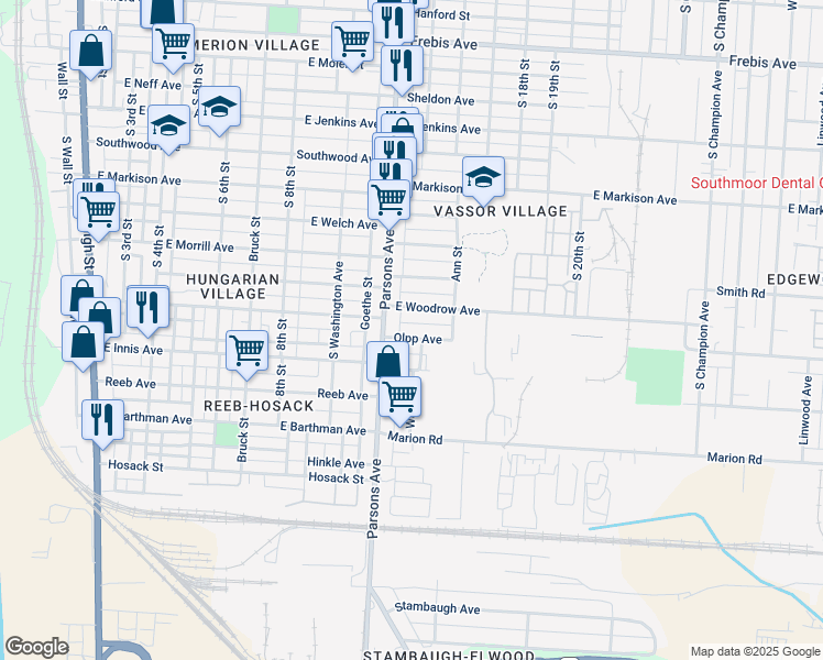 map of restaurants, bars, coffee shops, grocery stores, and more near 460 Olpp Avenue in Columbus
