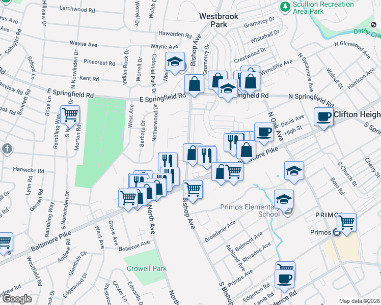 map of restaurants, bars, coffee shops, grocery stores, and more near 5366 Delmar Road in Clifton Heights