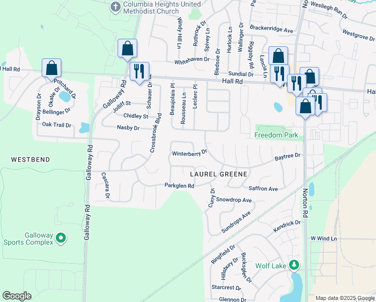 map of restaurants, bars, coffee shops, grocery stores, and more near 5992 Winterberry Drive in Galloway