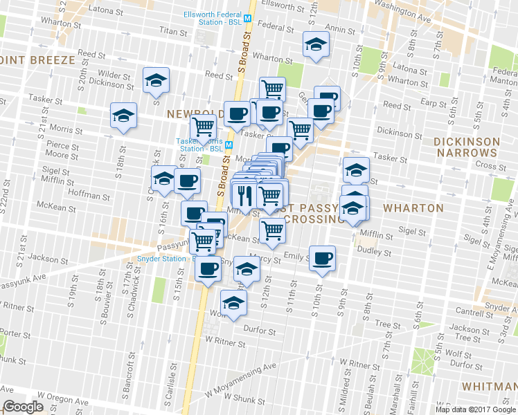 map of restaurants, bars, coffee shops, grocery stores, and more near 1831 East Passyunk Avenue in Philadelphia