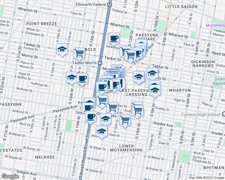 map of restaurants, bars, coffee shops, grocery stores, and more near 1845 East Passyunk Avenue in Philadelphia