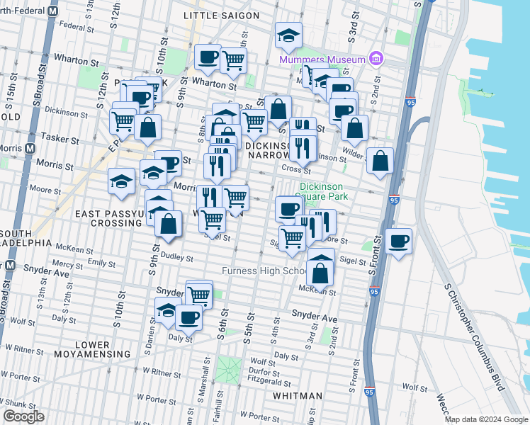 map of restaurants, bars, coffee shops, grocery stores, and more near 1716 South 5th Street in Philadelphia