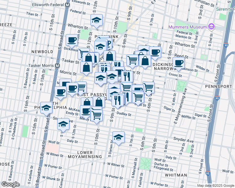 map of restaurants, bars, coffee shops, grocery stores, and more near 1801 South 9th Street in Philadelphia