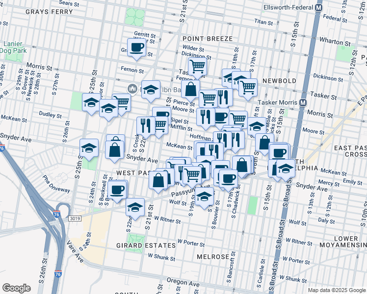map of restaurants, bars, coffee shops, grocery stores, and more near S 20th St & McKean St in Philadelphia