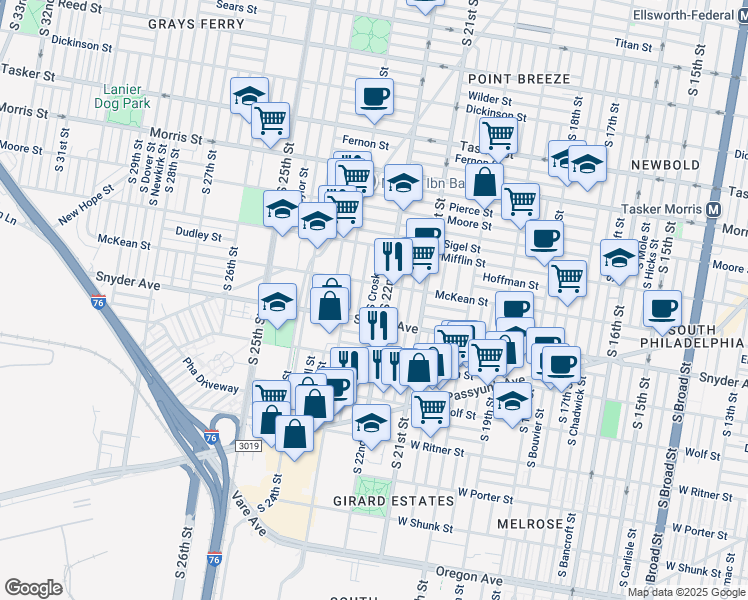 map of restaurants, bars, coffee shops, grocery stores, and more near 2023 South Croskey Street in Philadelphia