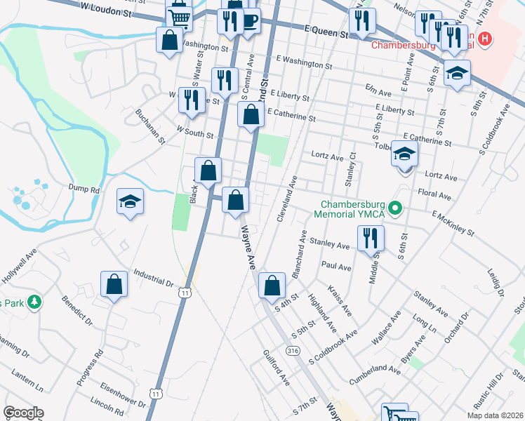 map of restaurants, bars, coffee shops, grocery stores, and more near 246 East Garfield Street in Chambersburg