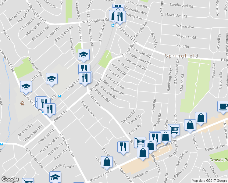 map of restaurants, bars, coffee shops, grocery stores, and more near 300 Sedgewood Road in Springfield