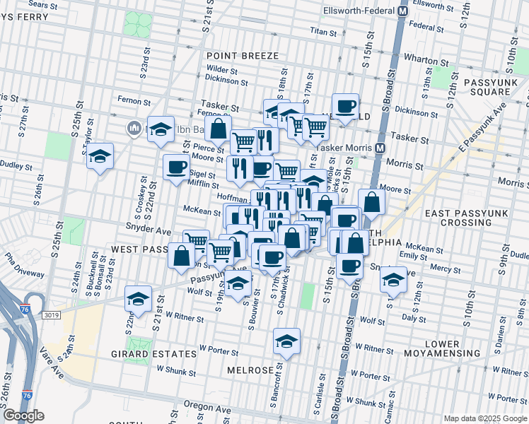 map of restaurants, bars, coffee shops, grocery stores, and more near 1933 South 18th Street in Philadelphia