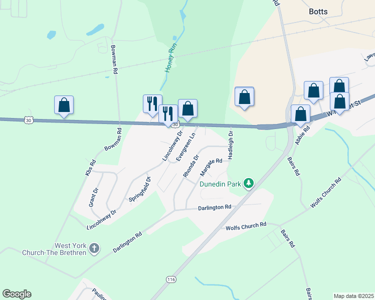 map of restaurants, bars, coffee shops, grocery stores, and more near 101 Evergreen Lane in York