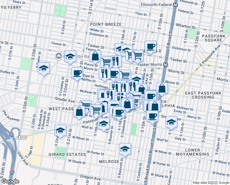 map of restaurants, bars, coffee shops, grocery stores, and more near 1933 South 18th Street in Philadelphia