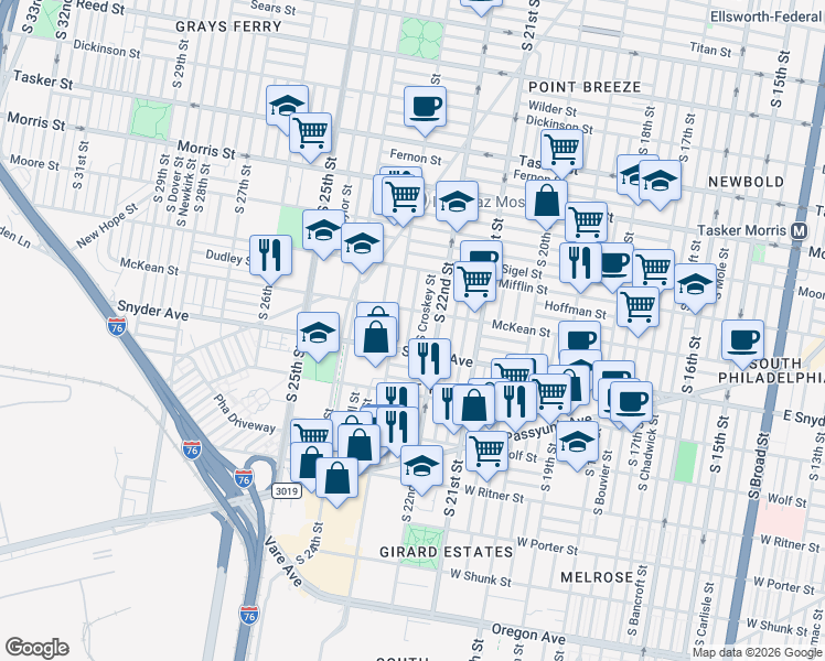 map of restaurants, bars, coffee shops, grocery stores, and more near 2025 South Hemberger Street in Philadelphia