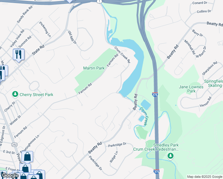 map of restaurants, bars, coffee shops, grocery stores, and more near 425 Oak Valley Road in Media