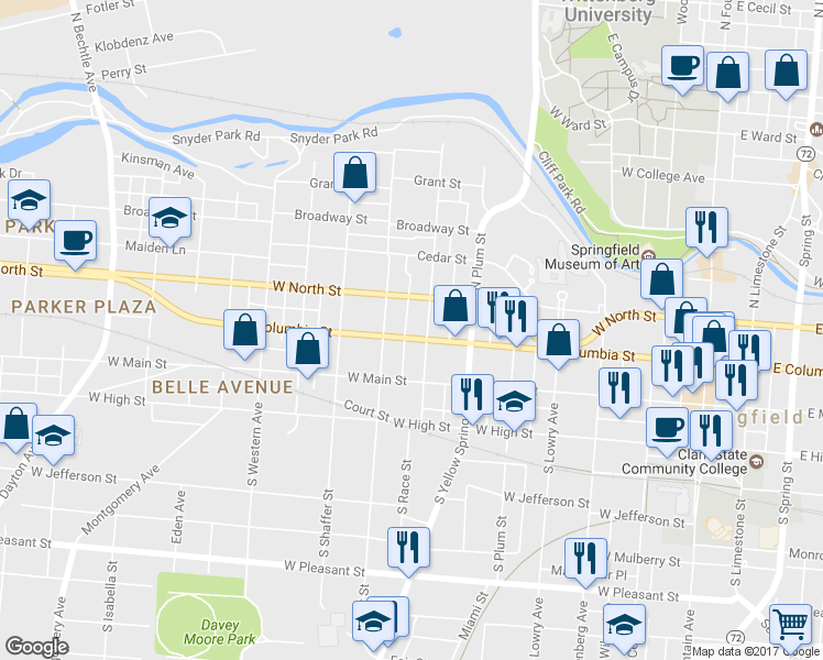 map of restaurants, bars, coffee shops, grocery stores, and more near 612 West Columbia Street in Springfield