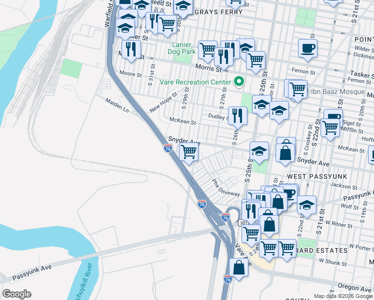 map of restaurants, bars, coffee shops, grocery stores, and more near 2829 Cantrell Street in Philadelphia