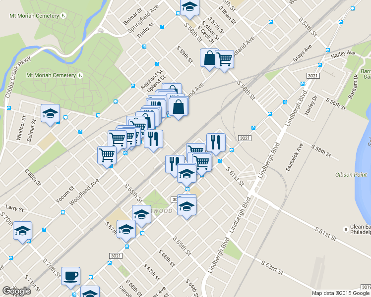 map of restaurants, bars, coffee shops, grocery stores, and more near 6155 Glenmore Avenue in Philadelphia