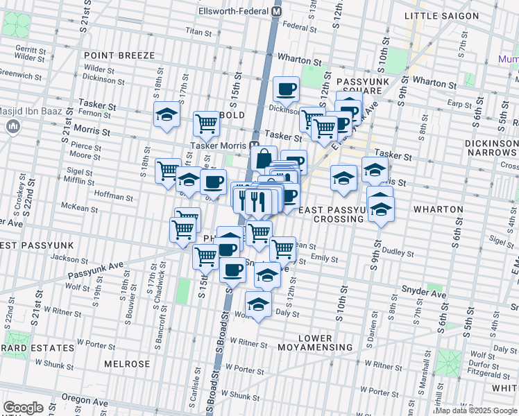 map of restaurants, bars, coffee shops, grocery stores, and more near 1326 Sigel Street in Philadelphia