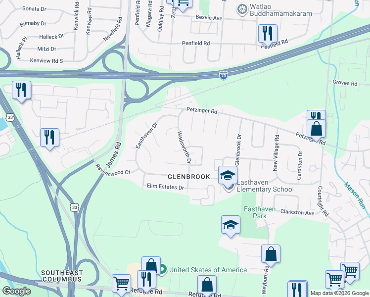 map of restaurants, bars, coffee shops, grocery stores, and more near Wadsworth Dr & Rotunda Ct N in Columbus