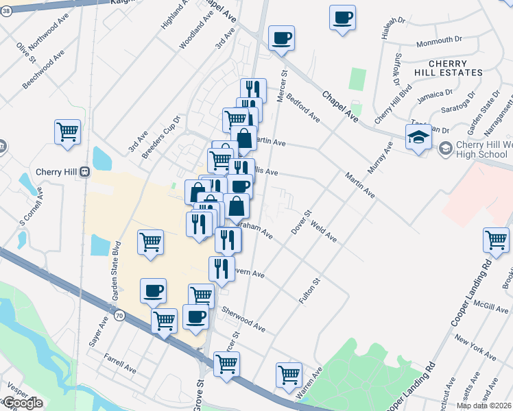map of restaurants, bars, coffee shops, grocery stores, and more near 818 Haddonfield Road in Cherry Hill