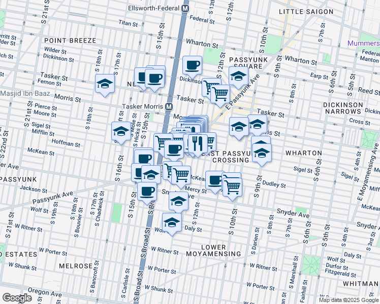 map of restaurants, bars, coffee shops, grocery stores, and more near 1843 East Passyunk Avenue in Philadelphia