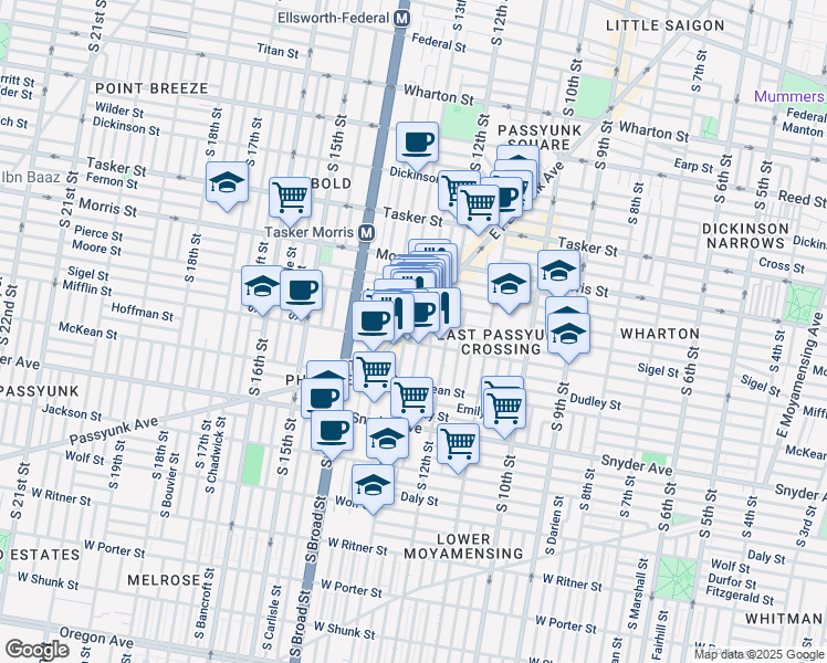 map of restaurants, bars, coffee shops, grocery stores, and more near 1841 East Passyunk Avenue in Philadelphia