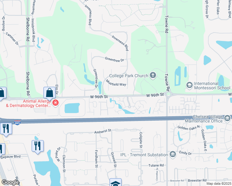 map of restaurants, bars, coffee shops, grocery stores, and more near 2802 West 96th Street in Indianapolis