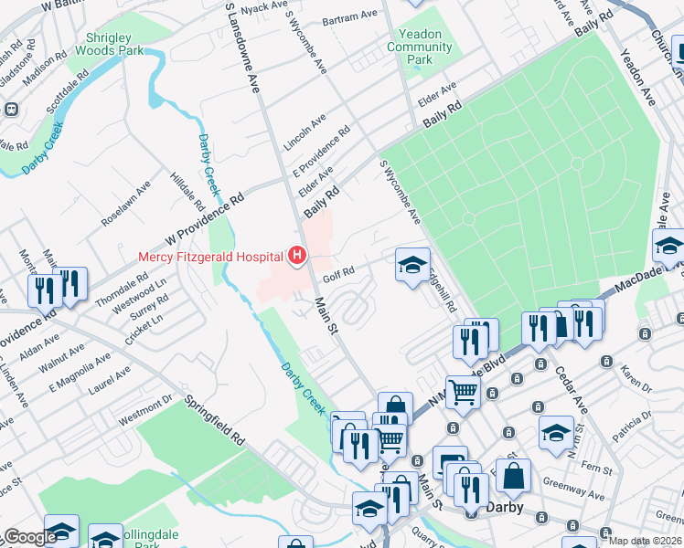 map of restaurants, bars, coffee shops, grocery stores, and more near 9 Golf Road in Darby
