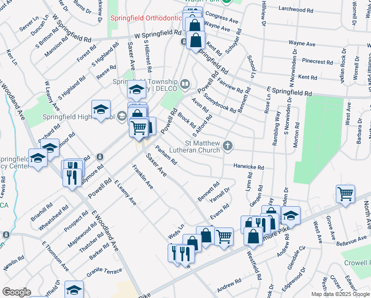 map of restaurants, bars, coffee shops, grocery stores, and more near 300 Sedgewood Road in Springfield
