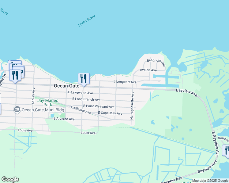 map of restaurants, bars, coffee shops, grocery stores, and more near 410 Newport Avenue in Ocean Gate