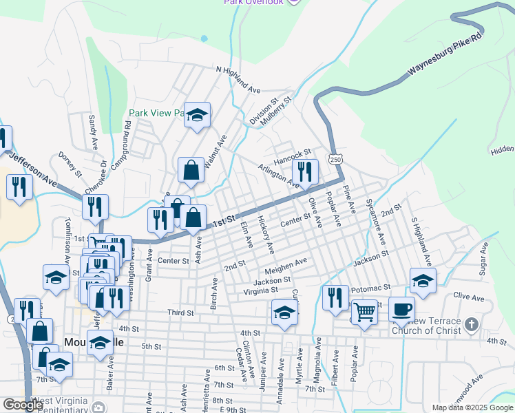 map of restaurants, bars, coffee shops, grocery stores, and more near 1905 1st Street in Moundsville