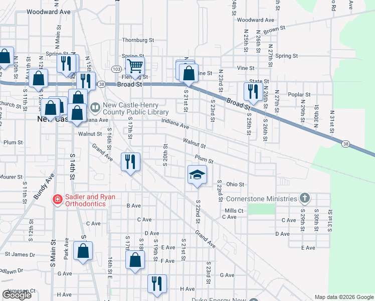map of restaurants, bars, coffee shops, grocery stores, and more near 2022 Lincoln Avenue in New Castle