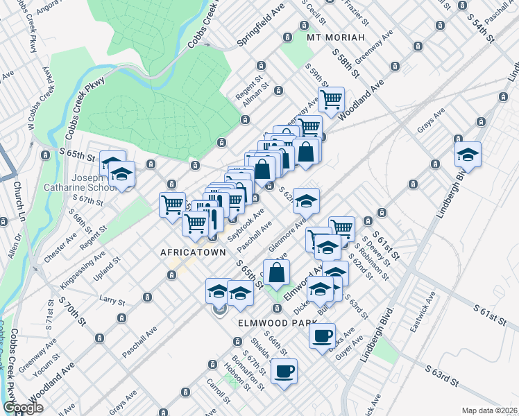 map of restaurants, bars, coffee shops, grocery stores, and more near 6307 Saybrook Avenue in Philadelphia