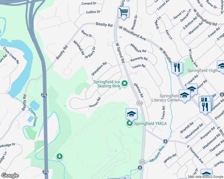 map of restaurants, bars, coffee shops, grocery stores, and more near 536 Vernon Road in Springfield
