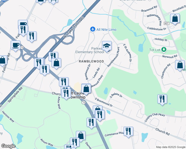 map of restaurants, bars, coffee shops, grocery stores, and more near 108 Leeds Road in Mount Laurel Township