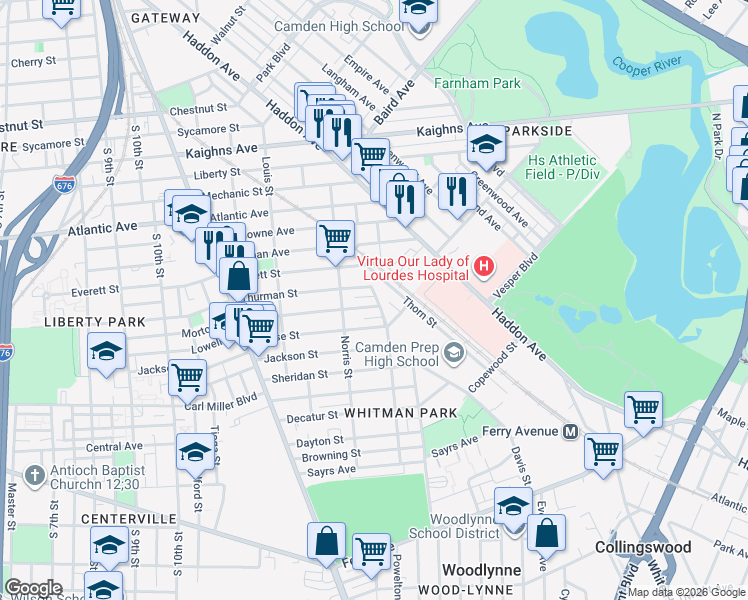 map of restaurants, bars, coffee shops, grocery stores, and more near 1340 Thurman Street in Camden