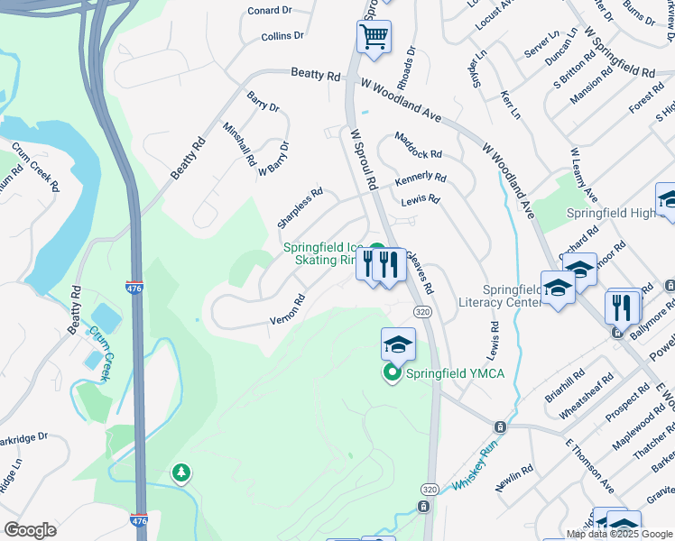 map of restaurants, bars, coffee shops, grocery stores, and more near 536 Vernon Road in Springfield
