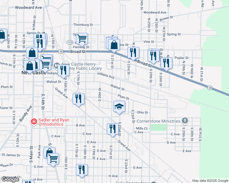 map of restaurants, bars, coffee shops, grocery stores, and more near 2022 Lincoln Avenue in New Castle