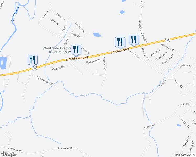 map of restaurants, bars, coffee shops, grocery stores, and more near 48 Obsidian Drive in Chambersburg