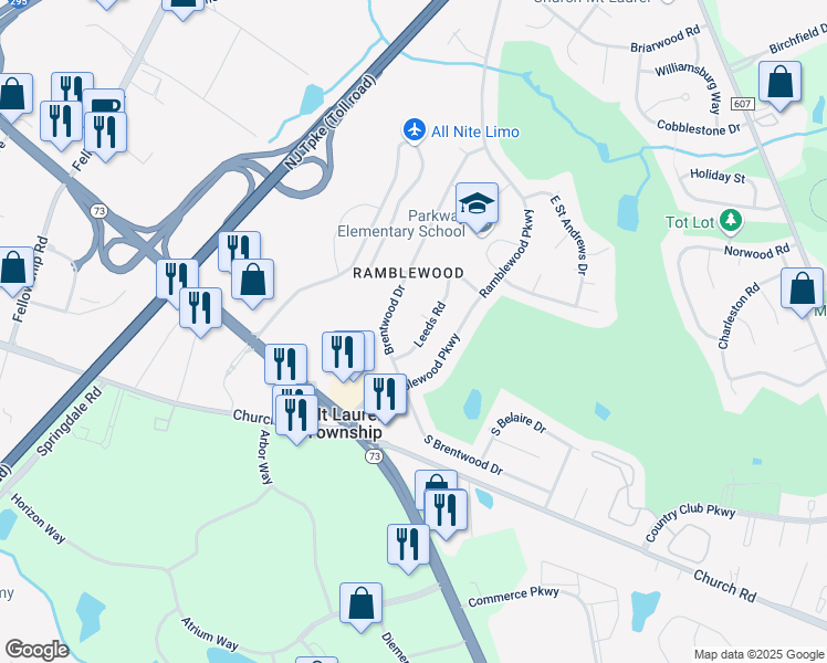 map of restaurants, bars, coffee shops, grocery stores, and more near 108 Leeds Road in Mount Laurel Township