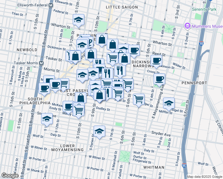 map of restaurants, bars, coffee shops, grocery stores, and more near 735 Moore Street in Philadelphia