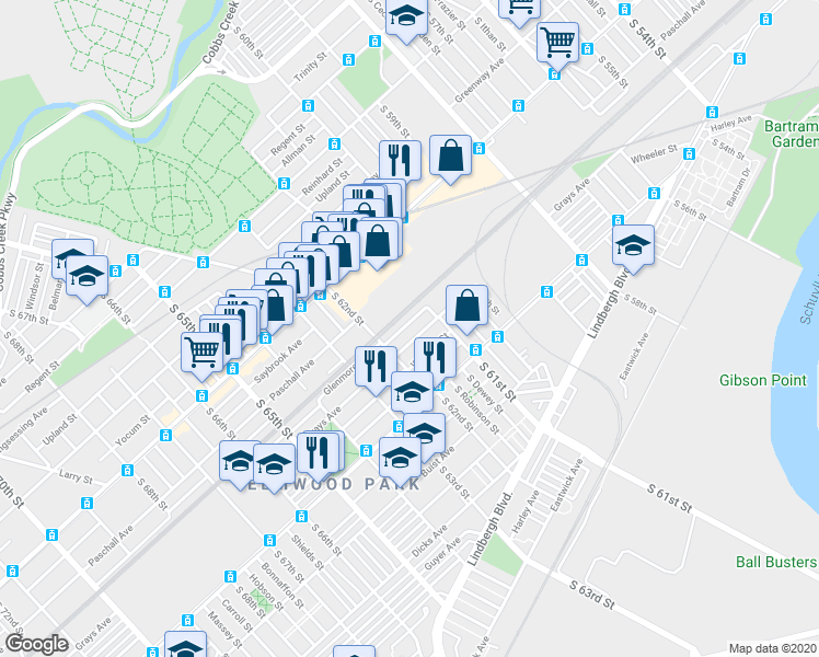 map of restaurants, bars, coffee shops, grocery stores, and more near 6134 Glenmore Avenue in Philadelphia