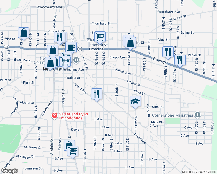map of restaurants, bars, coffee shops, grocery stores, and more near 1827 Plum Street in New Castle