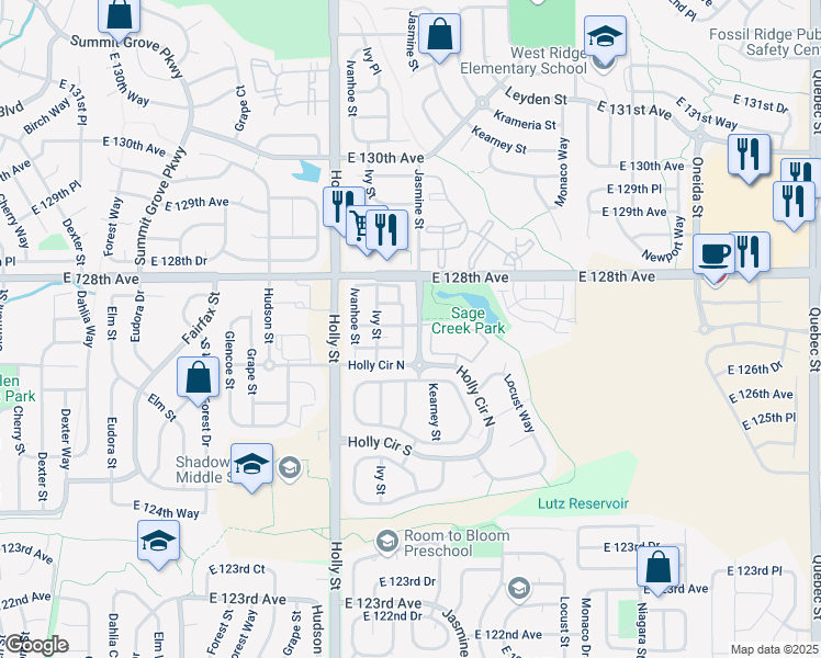 map of restaurants, bars, coffee shops, grocery stores, and more near 12756 Jasmine Court in Thornton