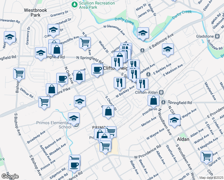 map of restaurants, bars, coffee shops, grocery stores, and more near 123 West Broadway Avenue in Clifton Heights