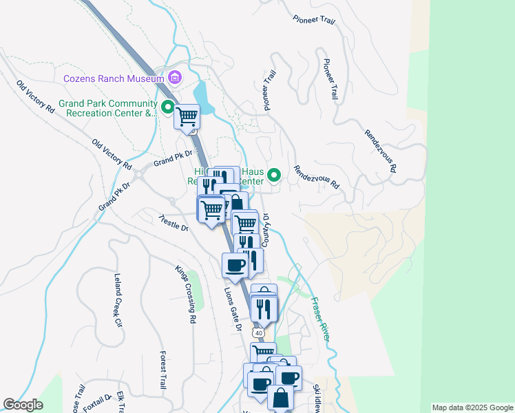 map of restaurants, bars, coffee shops, grocery stores, and more near 247 Hi Country Drive in Winter Park