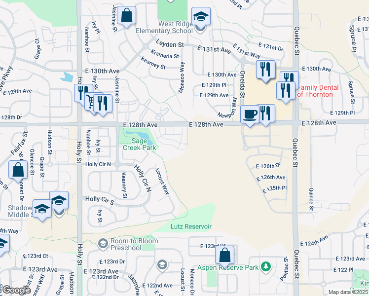 map of restaurants, bars, coffee shops, grocery stores, and more near 12703 Leyden Street in Thornton