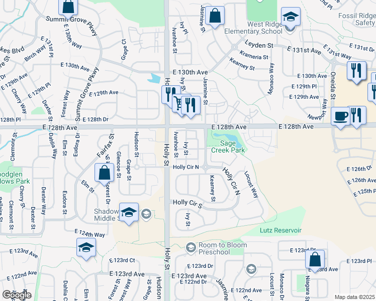 map of restaurants, bars, coffee shops, grocery stores, and more near 12769 Ivy Street in Thornton