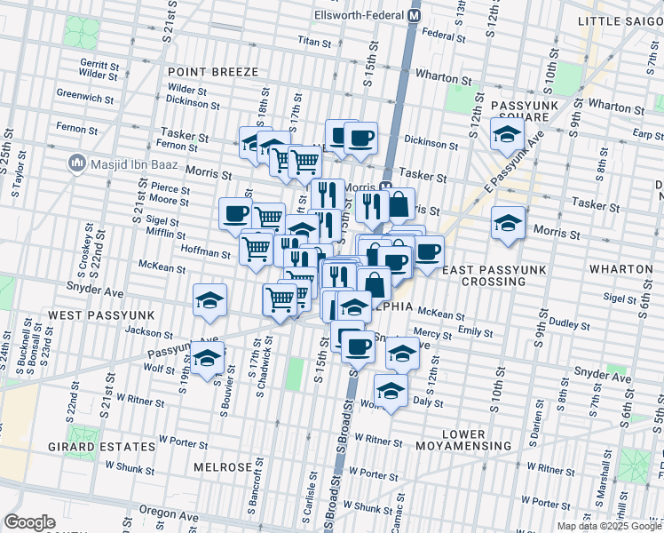 map of restaurants, bars, coffee shops, grocery stores, and more near 1900 South 15th Street in Philadelphia