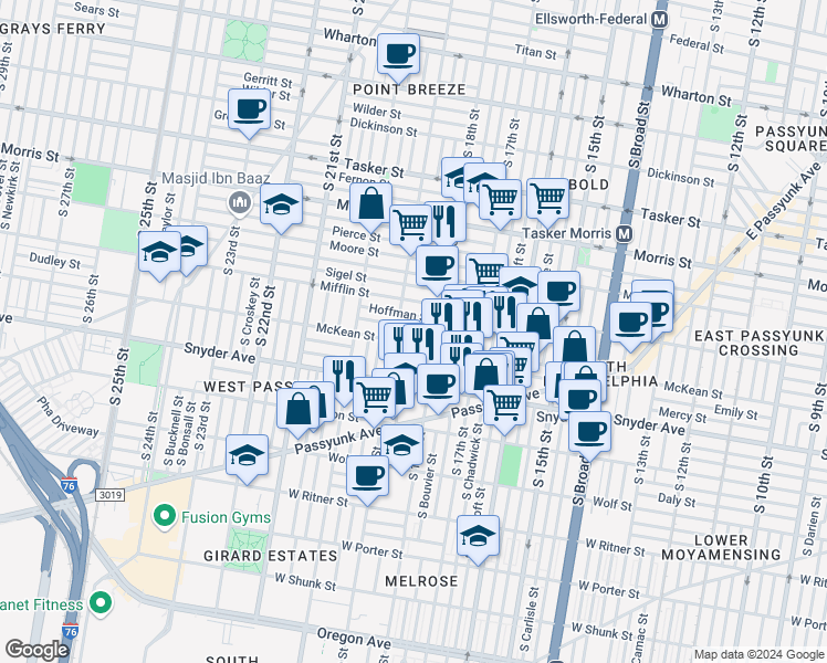 map of restaurants, bars, coffee shops, grocery stores, and more near 1844 Dudley Street in Philadelphia