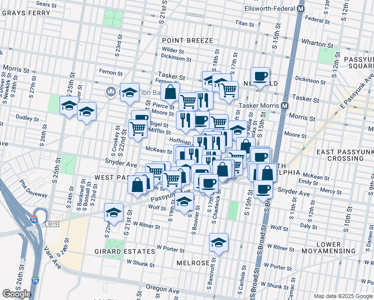 map of restaurants, bars, coffee shops, grocery stores, and more near 1842 Dudley Street in Philadelphia